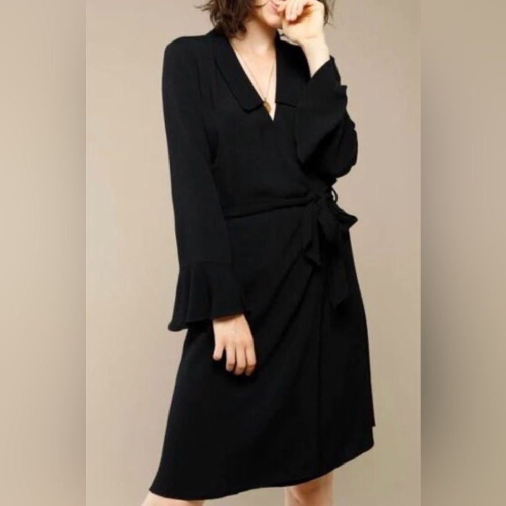 Rouje Brooke Wrap Dress, Peter Pan collar, long trumpet sleeves, black, FR 34